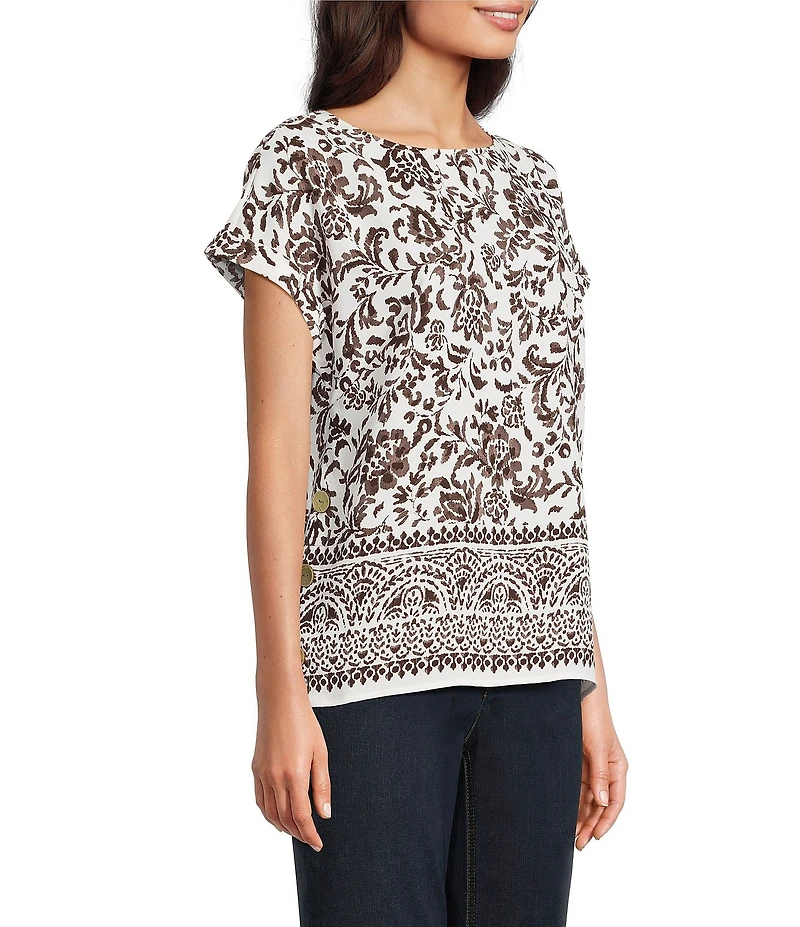 Jones New York Woven Crepe Printed Boat Neck Short Sleeve Top