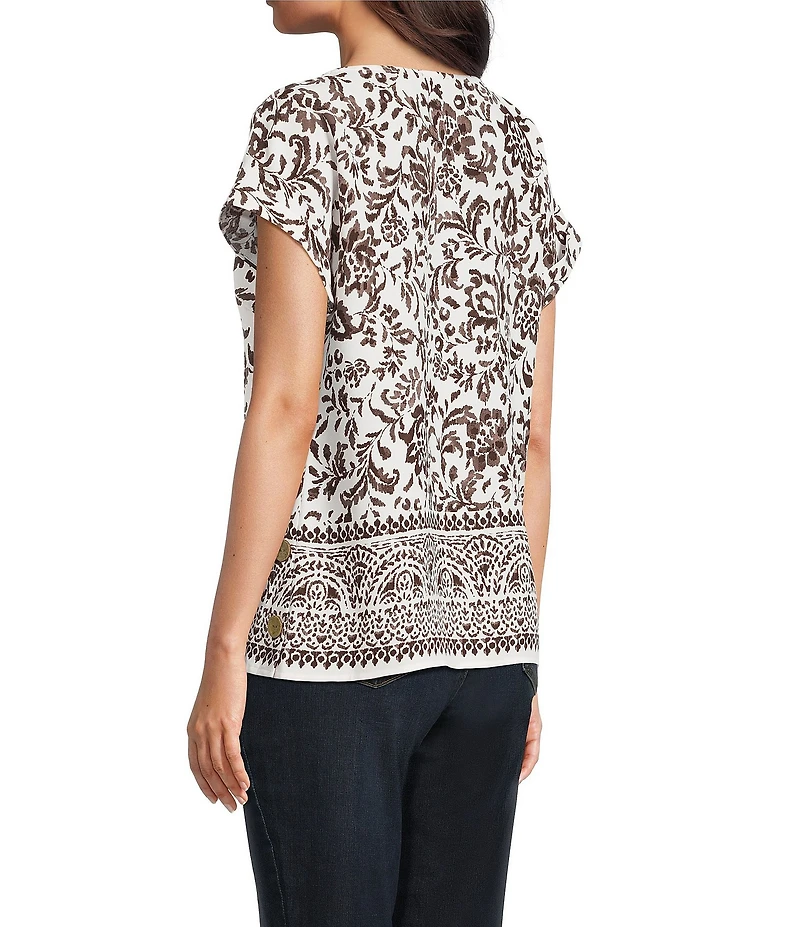 Jones New York Woven Crepe Printed Boat Neck Short Sleeve Top