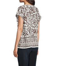 Jones New York Woven Crepe Printed Boat Neck Short Sleeve Top