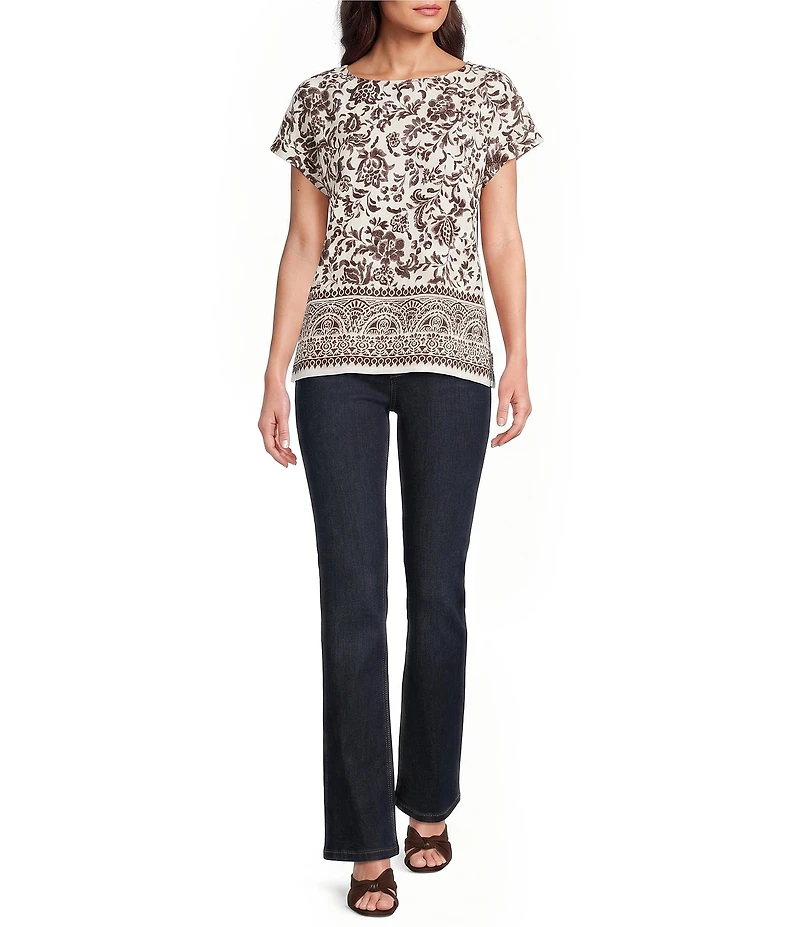 Jones New York Woven Crepe Printed Boat Neck Short Sleeve Top