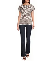Jones New York Woven Crepe Printed Boat Neck Short Sleeve Top