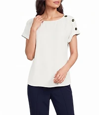 Jones New York Woven Crepe Round Neck Short Button Sleeve Blouse