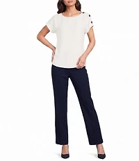 Jones New York Woven Crepe Round Neck Short Button Sleeve Blouse