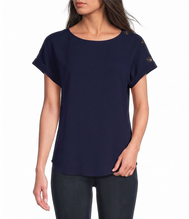 Jones New York Woven Crepe Round Neck Short Button Sleeve Blouse