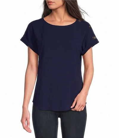 Jones New York Woven Crepe Round Neck Short Button Sleeve Blouse