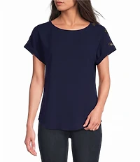 Jones New York Woven Crepe Round Neck Short Button Sleeve Blouse
