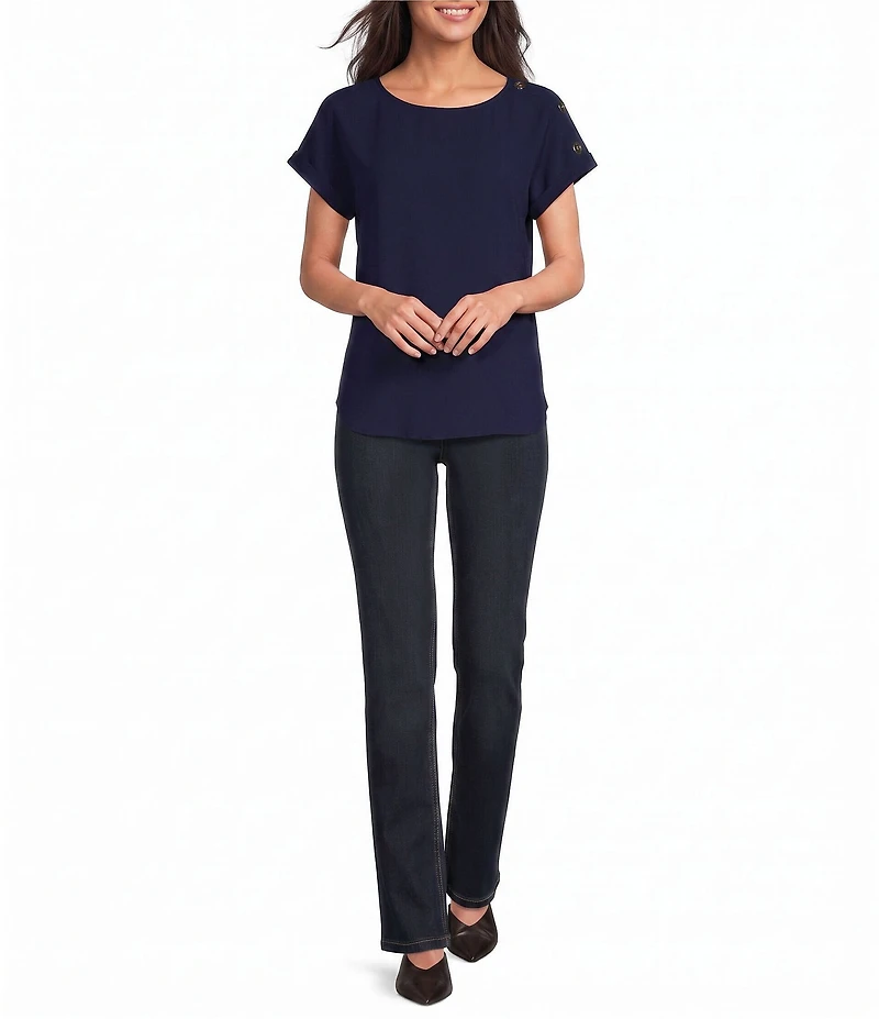 Jones New York Woven Crepe Round Neck Short Button Sleeve Blouse