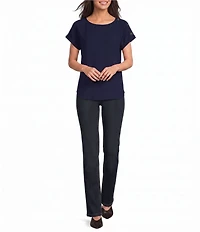 Jones New York Woven Crepe Round Neck Short Button Sleeve Blouse
