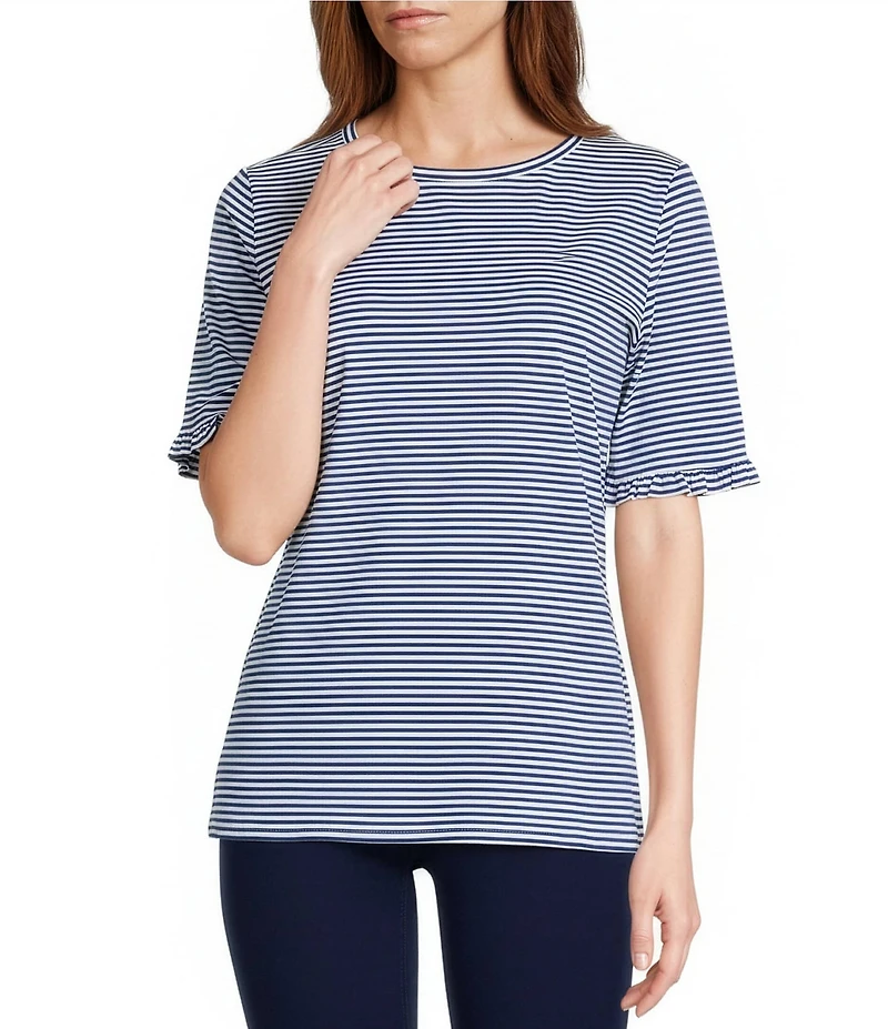 Jones New York Yarn Dye Stripe Crew Neck Elbow Length Ruffle Trim Sleeve Tee