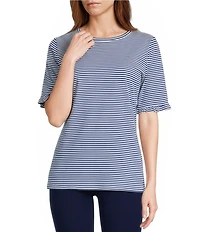 Jones New York Yarn Dye Stripe Crew Neck Elbow Length Ruffle Trim Sleeve Tee