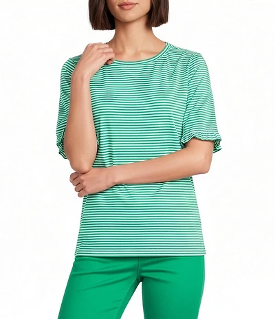 Jones New York Yarn Dye Stripe Crew Neck Elbow Length Ruffle Trim Sleeve Tee