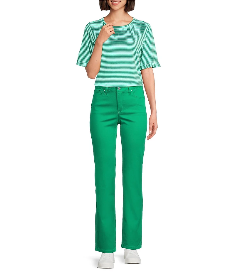 Jones New York Yarn Dye Stripe Crew Neck Elbow Length Ruffle Trim Sleeve Tee