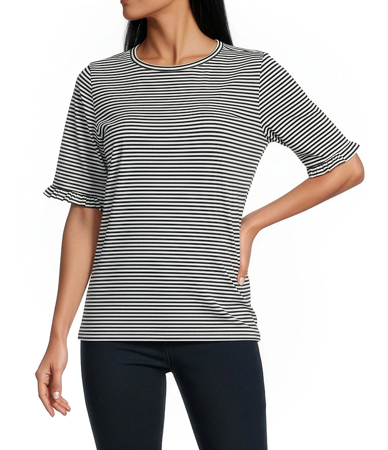 Jones New York Yarn Dye Stripe Crew Neck Elbow Length Ruffle Trim Sleeve Tee