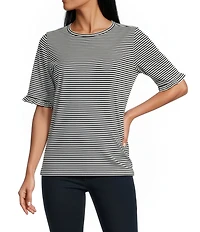 Jones New York Yarn Dye Stripe Crew Neck Elbow Length Ruffle Trim Sleeve Tee