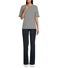 Jones New York Yarn Dye Stripe Crew Neck Elbow Length Ruffle Trim Sleeve Tee