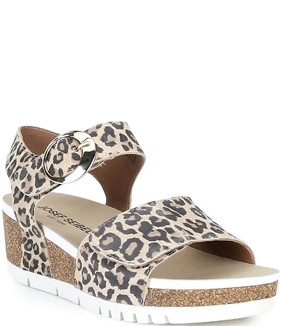 Josef Seibel Quinn 16 Leather Leopard Print Ankle Wrap Banded Wedge Sandals