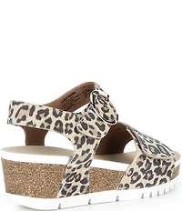 Josef Seibel Quinn 16 Leather Leopard Print Ankle Wrap Banded Wedge Sandals
