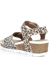 Josef Seibel Quinn 16 Leather Leopard Print Ankle Wrap Banded Wedge Sandals