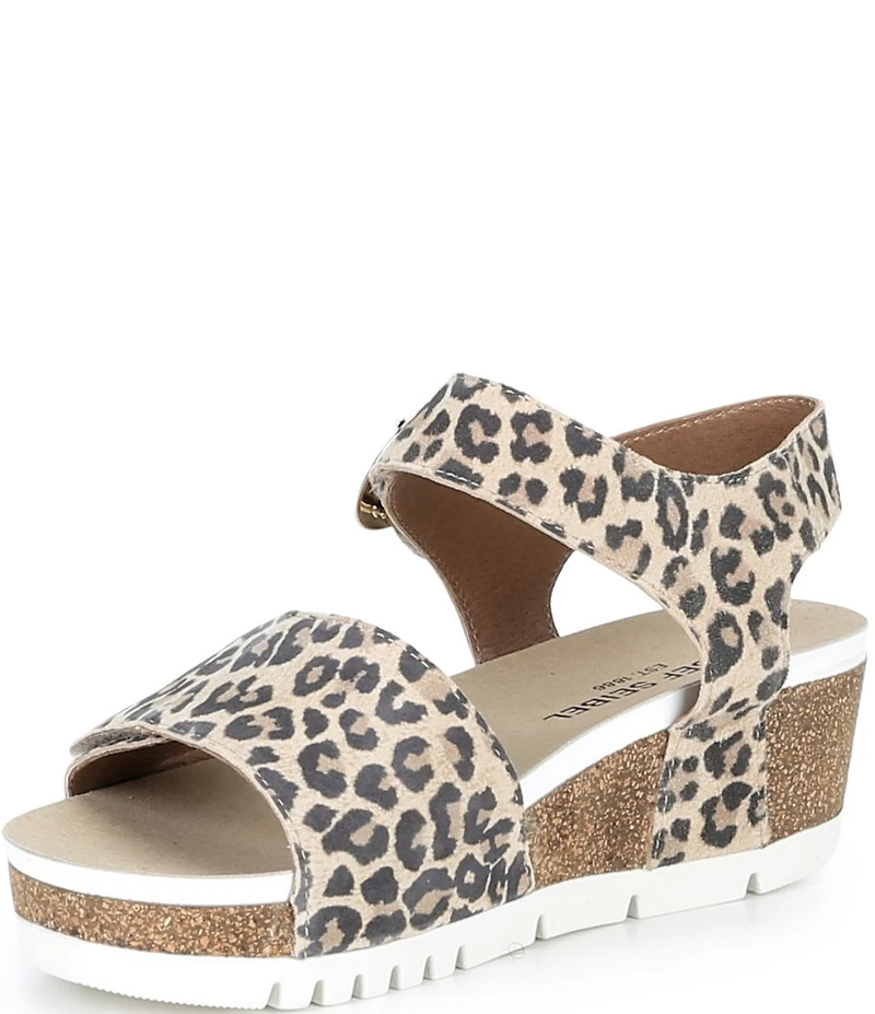 Josef Seibel Quinn 16 Leather Leopard Print Ankle Wrap Banded Wedge Sandals