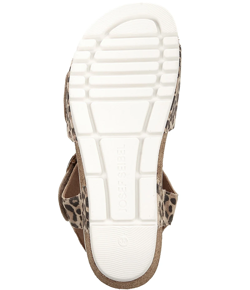 Josef Seibel Quinn 16 Leather Leopard Print Ankle Wrap Banded Wedge Sandals