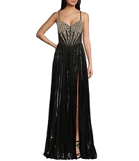 Jovani Metallic Sweetheart Neck Beaded Corset Bodice Spaghetti Strap A-Line Dress