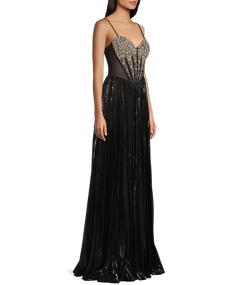 Jovani Metallic Sweetheart Neck Beaded Corset Bodice Spaghetti Strap A-Line Dress