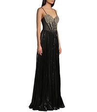 Jovani Metallic Sweetheart Neck Beaded Corset Bodice Spaghetti Strap A-Line Dress