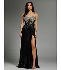 Jovani Metallic Sweetheart Neck Beaded Corset Bodice Spaghetti Strap A-Line Dress