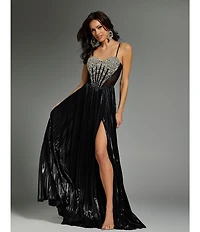 Jovani Metallic Sweetheart Neck Beaded Corset Bodice Spaghetti Strap A-Line Dress