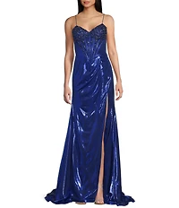 Jovani Metallic Sweetheart Neck Fitted Corset Beaded Bodice Side Slit Dress