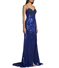 Jovani Metallic Sweetheart Neck Fitted Corset Beaded Bodice Side Slit Dress