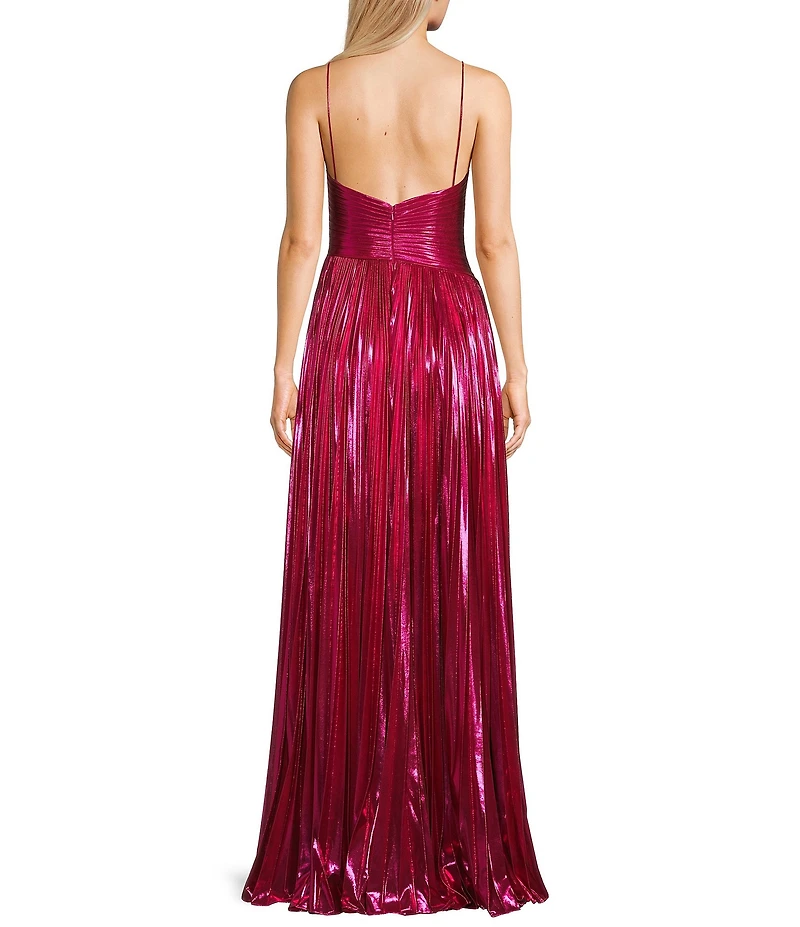 Jovani Metallic V-Neck Spaghetti Strap Pleated A-Line Gown