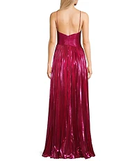 Jovani Metallic V-Neck Spaghetti Strap Pleated A-Line Gown