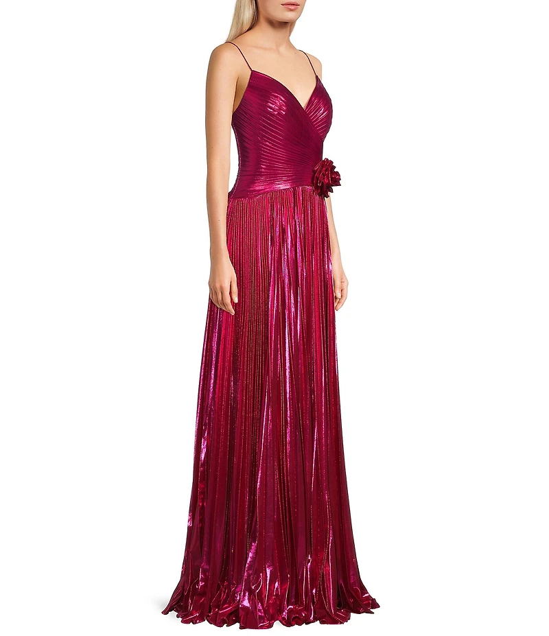 Jovani Metallic V-Neck Spaghetti Strap Pleated A-Line Gown