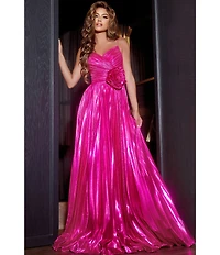 Jovani Metallic V-Neck Spaghetti Strap Pleated A-Line Gown