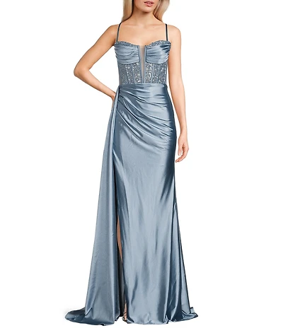 Jovani Sweetheart Neck Spaghetti Strap Corset Glitter Mesh Bodice Side Slit Gown