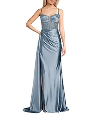 Jovani Sweetheart Neck Spaghetti Strap Corset Glitter Mesh Bodice Side Slit Gown