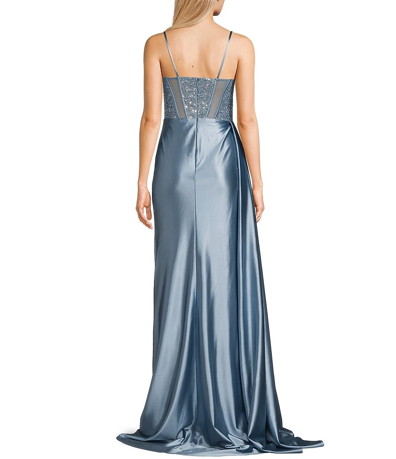 Jovani Sweetheart Neck Spaghetti Strap Corset Glitter Mesh Bodice Side Slit Gown