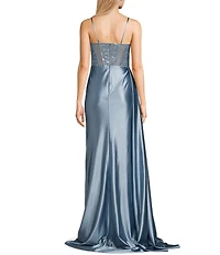 Jovani Sweetheart Neck Spaghetti Strap Corset Glitter Mesh Bodice Side Slit Gown