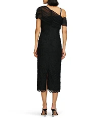 JS Collections Addilyn Asymmetrical One Shoulder Soutache Mesh Sheath Midi Dress
