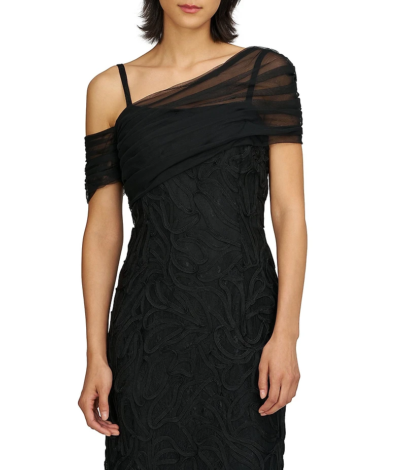 JS Collections Addilyn Asymmetrical One Shoulder Soutache Mesh Sheath Midi Dress