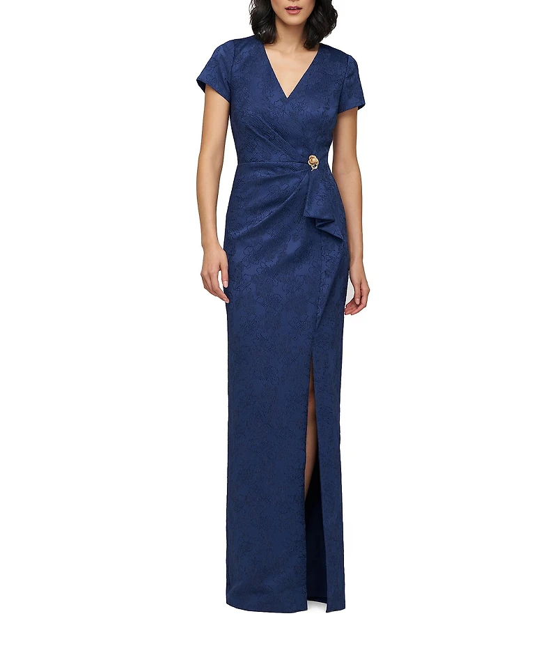 JS Collections Aidy V-Neck Short Sleeve Ruffle Front Stretch Jacquard Column Gown