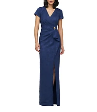 JS Collections Aidy V-Neck Short Sleeve Ruffle Front Stretch Jacquard Column Gown