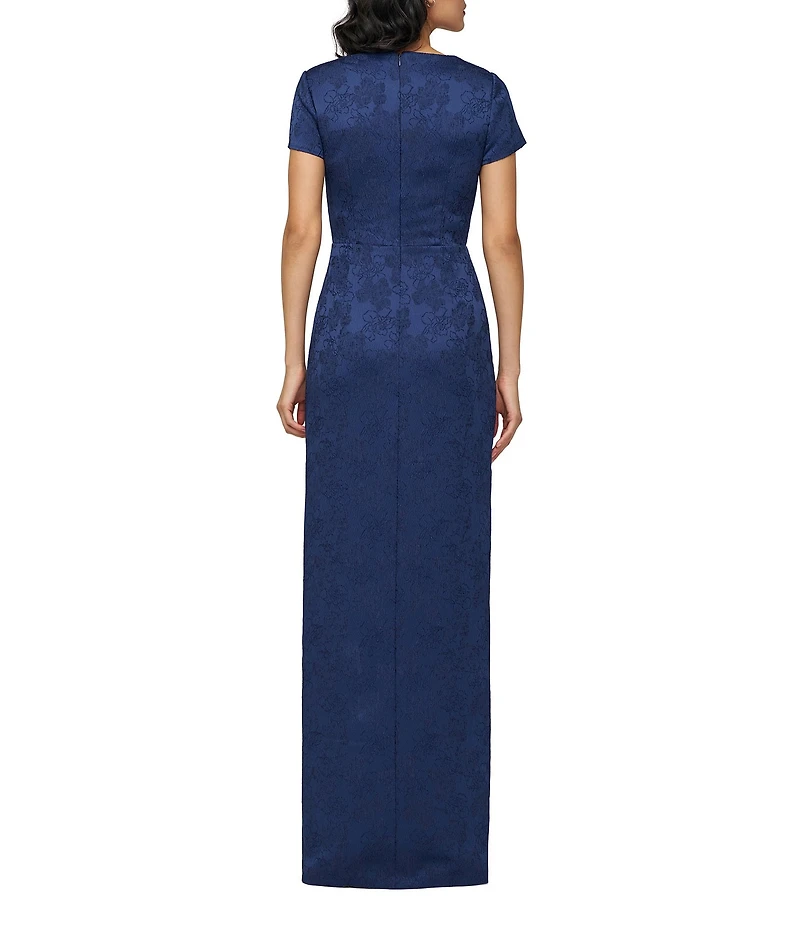 JS Collections Aidy V-Neck Short Sleeve Ruffle Front Stretch Jacquard Column Gown