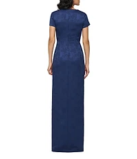 JS Collections Aidy V-Neck Short Sleeve Ruffle Front Stretch Jacquard Column Gown
