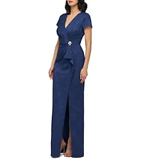 JS Collections Aidy V-Neck Short Sleeve Ruffle Front Stretch Jacquard Column Gown