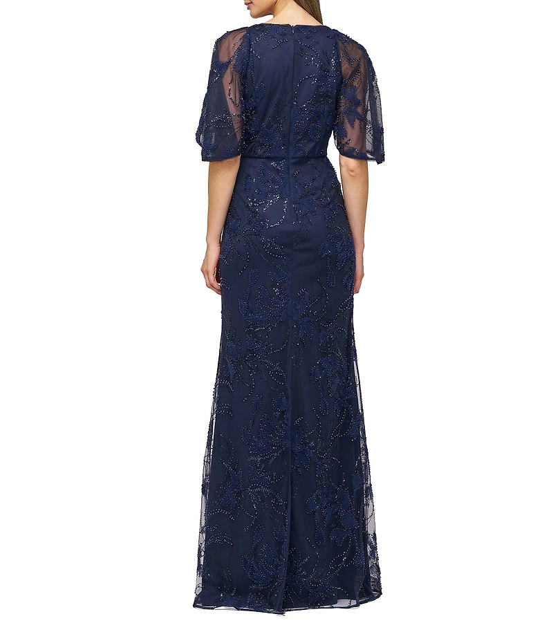 JS Collections Alex Cape Sleeve V-Neck Beaded Pearl Soutache Mesh Sheath Gown