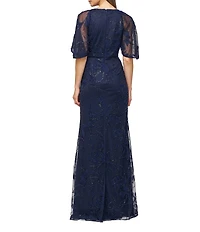 JS Collections Alex Cape Sleeve V-Neck Beaded Pearl Soutache Mesh Sheath Gown