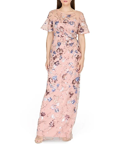 JS Collections Alisa Crew Neck Short Sleeve Embellished Long Gown