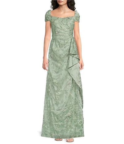 JS Collections Blossom Embroidered Organza Sweetheart Neckline Short Sleeve Cascade Detail Gown